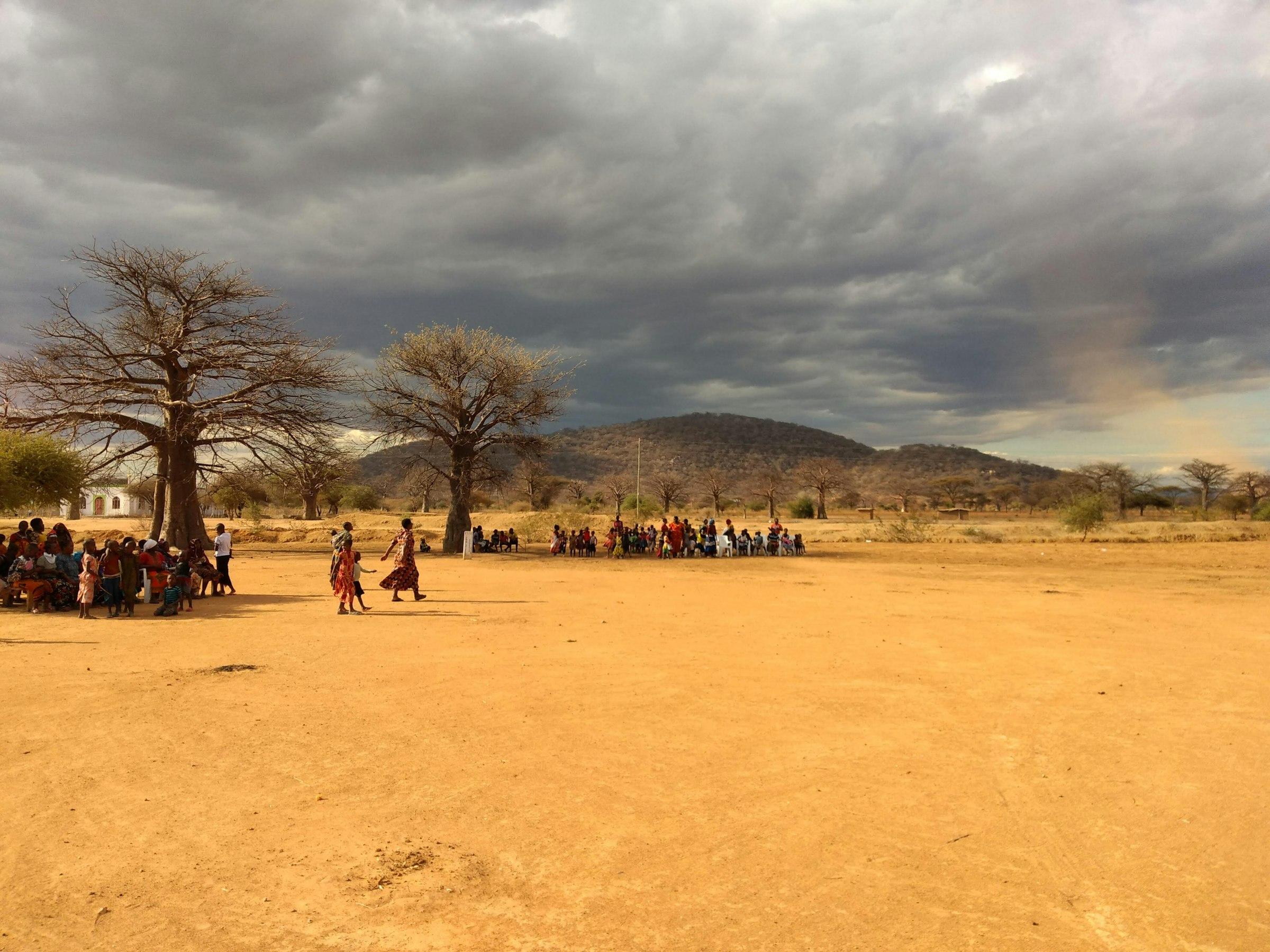 A community gathered under baobab trees on open ground beneath a heavy storm sky.